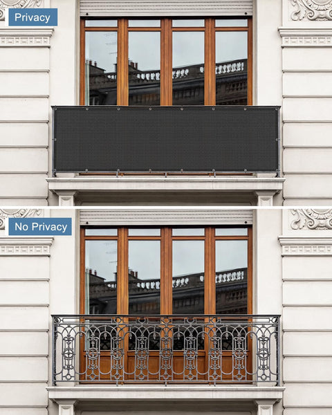 Comparison of Black 3x10 Privacy Screen Fence Cover Made From HDPE Mesh With Grommets on balcony, privacy vs no privacy view