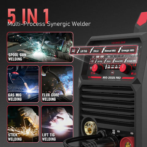 Dual Voltage 110V And 220V MIG Welder Beast, 205A, 5 In 1 Gas MIG, Flux Core MIG, Spool Gun MIG, Lift TIG, And Stick Multiprocess With LED Digital Display, Aluminum Welding Machine For DIYers And Small Shops