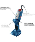 18V Articulating LED Work Light Bare Tool with Six LEDs, 300 Lumens, compact design, hanging hook, and flexible pivot for job sites.