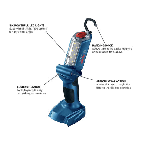 18V Articulating LED Work Light Bare Tool with Six LEDs, 300 Lumens, compact design, hanging hook, and flexible pivot for job sites.