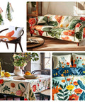 Floral and leaf patterned textiles on chair, sofa, dining table, and bedspread.