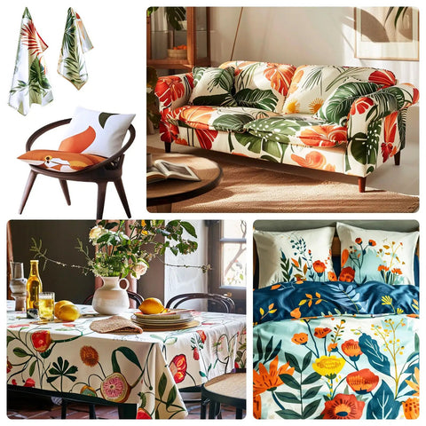 Floral and leaf patterned textiles on chair, sofa, dining table, and bedspread.