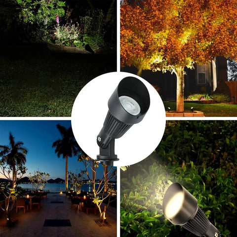 4W 12V Landscape Lighting Kit With Waterproof Outdoor Spotlights in garden, highlighting plants and trees with warm white glow