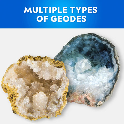 Multiple types of geodes from Crack Open 15 Premium Geodes Science Kit With Goggles And Three Display Stands For Kids.