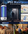 Rechargeable 4200V Bug Zapper With USB Power, LED Light, IP66 waterproof design for indoor outdoor use, shown in use.