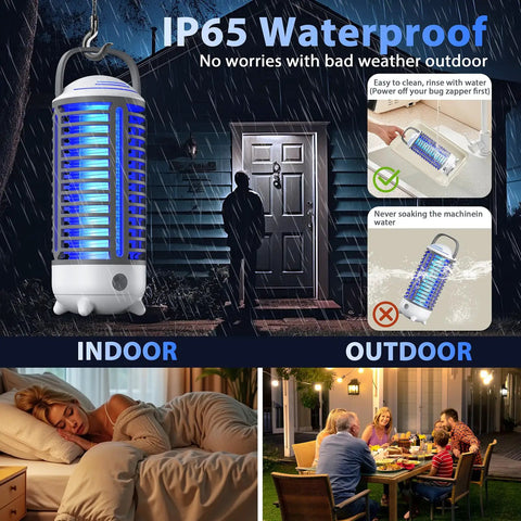 Rechargeable 4200V Bug Zapper With USB Power, LED Light, IP66 waterproof design for indoor outdoor use, shown in use.