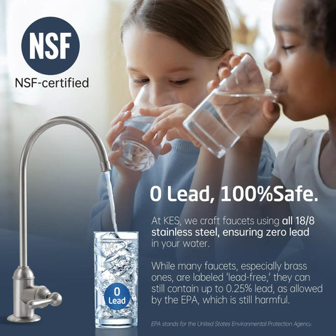 KES NSF Certified All Metal Drinking RO Water Faucet Non-Plastic Connector with child drinking water.