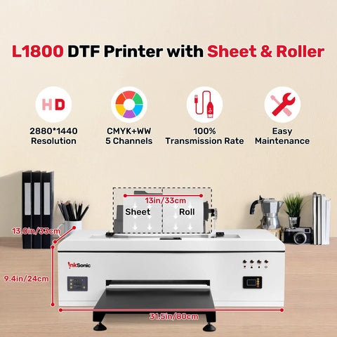 A3 Plus DTF Printer With L1800 Printhead And White Ink Circulation Direct To Film Setup includes sheet and roller size details.