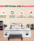 L1800 DTF printer with sheet and roller features 2880x1440 resolution, 13in width for custom apparel printing.
