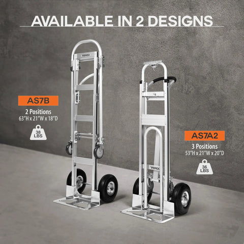 Convertible Hand Truck 3 In 1 Dolly With Extendable Loop Beveled Nose Plate And Ergonomic Handle Heavy Duty Aluminum Frame 750 Lb Capacity 53 Inch High Versatile Moving Dolly Converts Between 2 Wheel 4 Wheel Platform Cart In Three Positions displayed in two designs, AS7B and AS7A2.