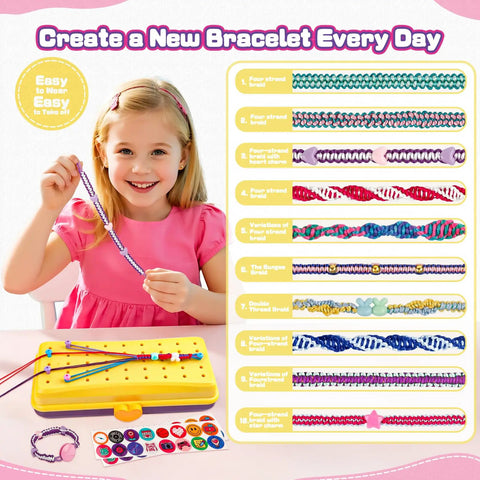 Girl making bracelet with All In One Friendship Bracelet Kit For Girls Ages 8 To 12 With 3 Layer Storage Box Includes 26 String Bundles 32 Beads