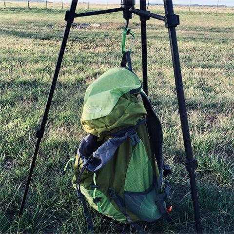 Backpack hanging from tripod with 12kN Aluminum D Ring Carabiner Clips Wiregate Green Pack Of 4 Heavy Duty Carabiners
