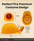 Yellow Hard Hat With Light For Construction Cosplay, Adjustable Miner Helmet showing dimensions and LED headlamp details.