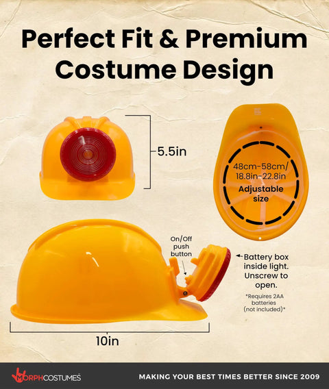 Yellow Hard Hat With Light For Construction Cosplay, Adjustable Miner Helmet showing dimensions and LED headlamp details.