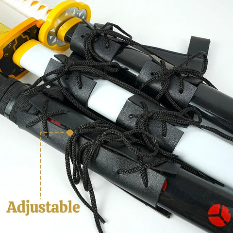 Back Mounted Katana Belt For Three Swords Adjustable Leather Holster with frog lacing detail view
