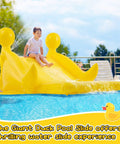 Child sliding down Giant 98 Inch Duck Inflatable Pool Slide With Upgraded PVC Durable Water Slide For Above Ground And Inground Pools Fun For Kids And Adults Summer Backyard Party Supplies.