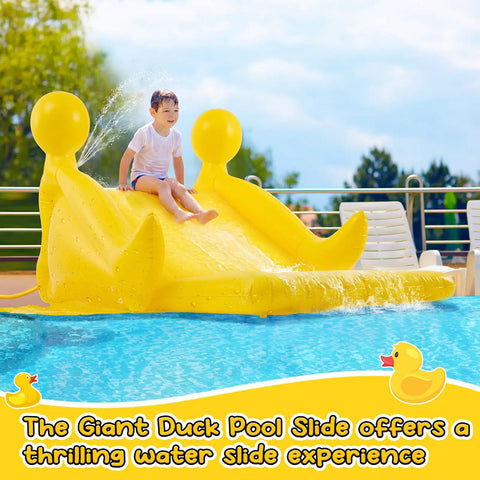 Child sliding down Giant 98 Inch Duck Inflatable Pool Slide With Upgraded PVC Durable Water Slide For Above Ground And Inground Pools Fun For Kids And Adults Summer Backyard Party Supplies.