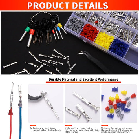 Auto Wiring Pin Connector Kit with 24 pin types, 480 terminal pins, 400 seals, removal tool, anti-static tweezer displayed.