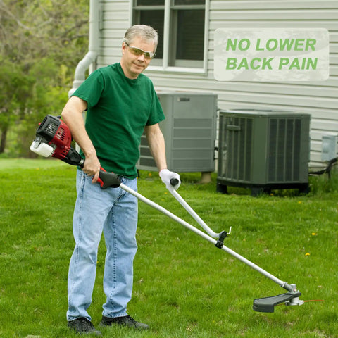 Man using Ergonomic Weedeater Handle Extension For String Trimmer Keeps You Standing Up Straight And A Back Saver For Edging And Trimming 17.7 Inch Lawn Care And Landscaping for no lower back pain