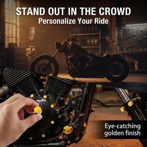 Hella Solid Gold Motorcycle Bolt Covers And Hexagon Engine Nut Caps With Wear Resistant Metal Screw Protectors For Universal Atv Scooter Fresh Ride Upgrade on engine with golden finish