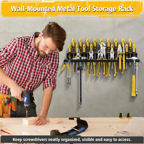 Heavy Duty Metal Screwdriver Organizer Wall Mount With 43 Holes Pliers And Small Tool Holder Rack in workshop setting