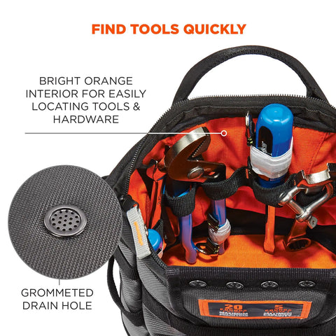 Arsenal 5517 Premium Topped Tool Pouch with orange interior and pockets, zipper closure, ANSI 121 2023 certified, 20lb total weight.