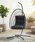Egg Chair With Stand For Indoor Outdoor Use, Foldable Rattan Wicker Hanging Swing, Thick Cushioned Seat on patio