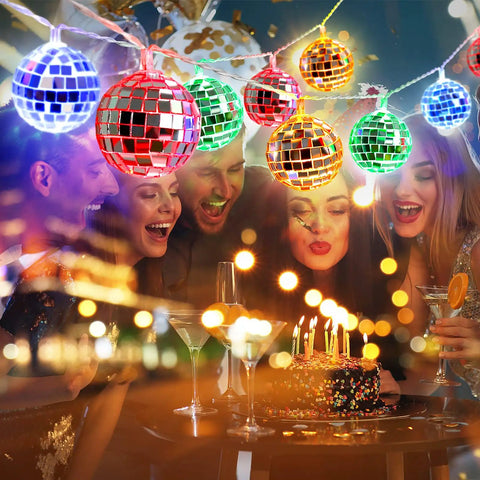 50 LED Disco Ball Mirror String Lights Multicolor Party Decor for Indoor and Outdoor Use USB or Battery Powered Vibe Boosting Holiday Lights over party scene with friends