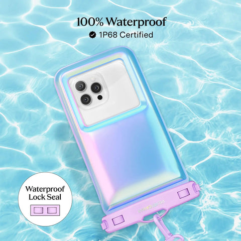 Lavender Holo Waterproof Phone Pouch With Lanyard IP68 Floating Case in pool, showcasing waterproof lock seal