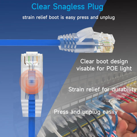 Ultra Slim Cat6a Ethernet Patch Cable 1 Ft Pack Of 24 Blue With Clear Snagless Plug for Data Centers, Home Networks, 10G Ready