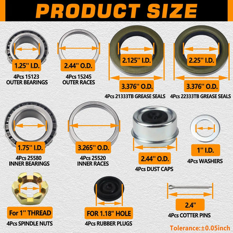 Trailer Axle Hub Bearings Kit With 2.44 Inch Dust Caps And Seals For 5200 To 6000 Lbs Trailers Tapered Spindle D42 diagram