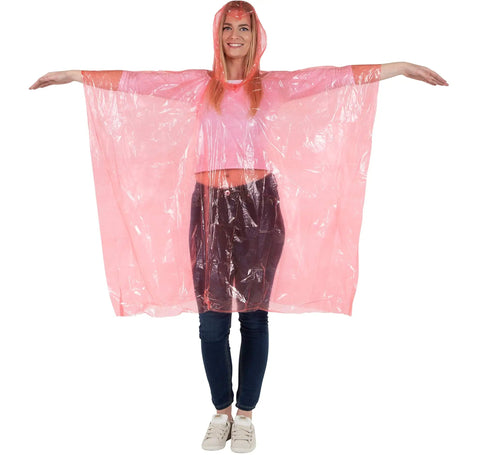 Disposable Rain Ponchos Bulk Pack For Adults And Teens, Emergency Waterproof Rain Gear in pink, female model arms outstretched