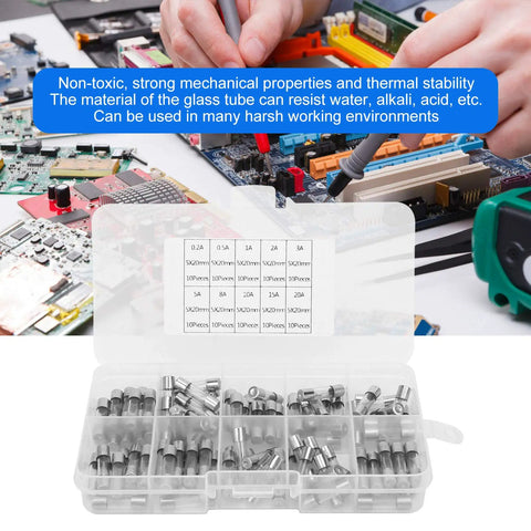 Pro Grade Glass Fuse Assortment Kit, 100 Piece Heavy Duty Set, 5X20mm Tube Fuses, 0.2 To 20 Amp Circuit Protection for electronics repair displayed with fuses in a storage case.