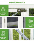 Close-up of lockable doors, fine wire mesh, and non-slip ramp details on 66.5 Inch Large Wooden Chicken Coop With 2 Nesting Boxes, Ramp, Sliding Tray And Waterproof Roof, Outdoor Hen House For Backyard Farms, Ideal For 2 To 4 Hens.