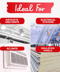 XFasten aluminum foil duct tape collage showing air ducts, electrical cables, a window AC unit, and insulation panels.