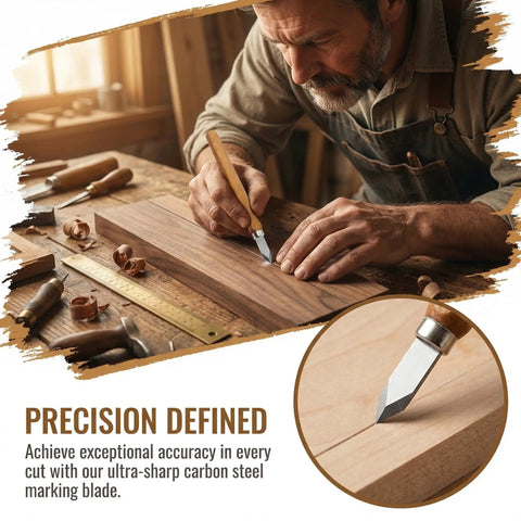 Craftsman using Six Pack Heavy Duty Woodworking Marking Knives With High Carbon Steel Blades for precise wood layout.