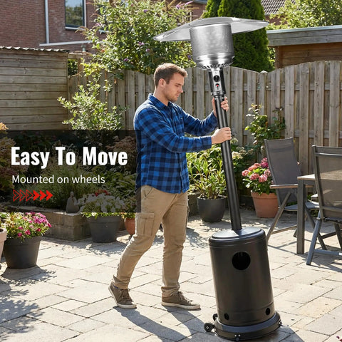 Person adjusting Heavy Duty 50000 BTU Outdoor Propane Patio Heater On Wheels With Easy Push Button Ignition for patio use