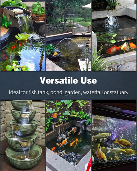 Dope 800 GPH Submersible Aquarium Pump displayed in various fish tanks, ponds, gardens, and waterfalls, showing versatile use.