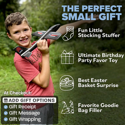Boy holding the Ultra Durable Foam Airplane Toy For Kids That Flies Fast And High Easy To Throw Glider Plane For Epic Outdoor Fun
