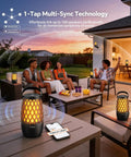 Group enjoying patio with Multi Sync Bluetooth Lantern Speaker With Lights And 360 Degree Stereo Sound Auto Pairing For Up To 100 Speakers