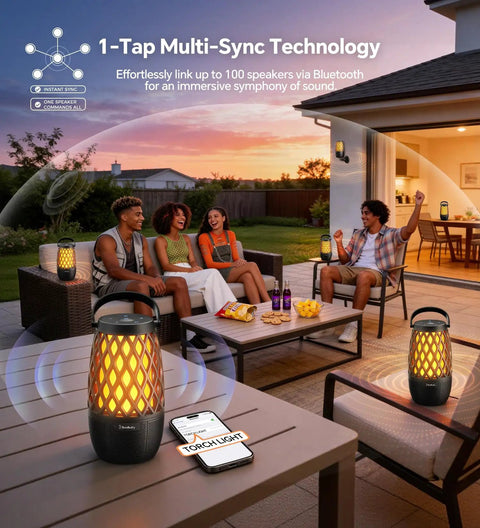 Group enjoying patio with Multi Sync Bluetooth Lantern Speaker With Lights And 360 Degree Stereo Sound Auto Pairing For Up To 100 Speakers