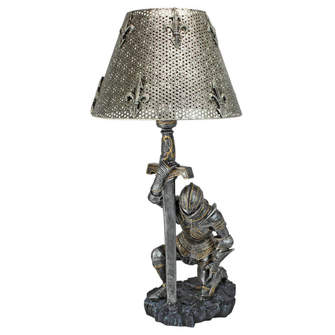 Weary Knight From Battle's End Sculptural Lamp For Home Or Garden, Cord Switch Desk Or Accent Light With Dope Pierced Metal Shade
