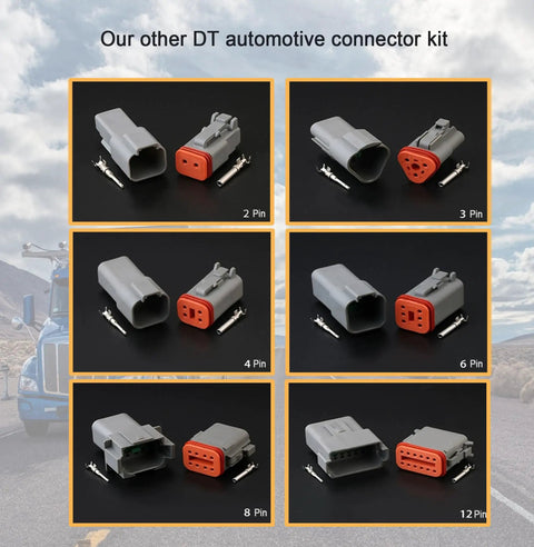 Various DT pin connector kit options in gray, showing 2, 3, 4, 6, 8, and 12 pin configurations for automotive use.