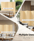 Collage showing 4 Panel Folding Bamboo Room Divider Privacy Screen Freestanding Wall Separator, 6 Feet Tall Beige in living spaces