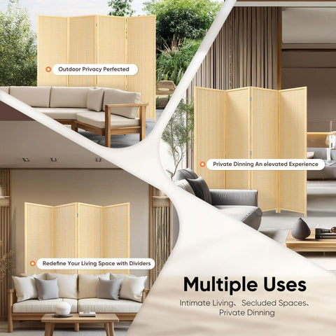 Collage showing 4 Panel Folding Bamboo Room Divider Privacy Screen Freestanding Wall Separator, 6 Feet Tall Beige in living spaces
