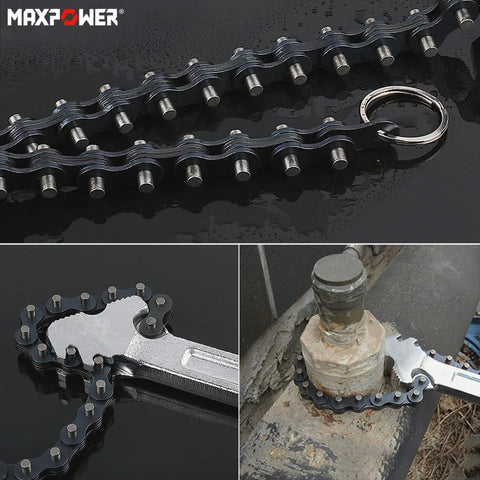 24 Inch Chain Wrench With 6.3 Inch Pipe Capacity Heavy Duty Chromium Vanadium Steel in use on metal pipe.