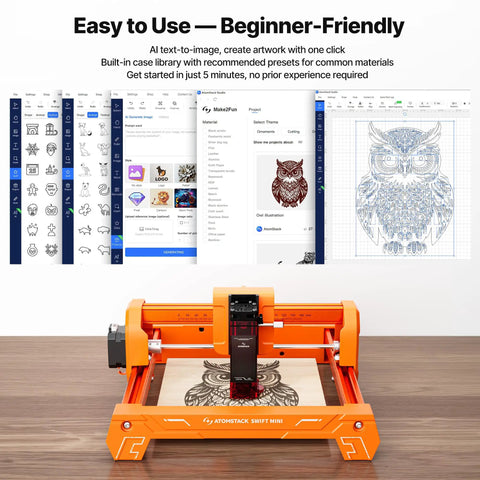 Desktop 3.5W Laser Engraver And Cutter Machine Featuring Plug And Play Design, showing user-friendly software and owl engraving.