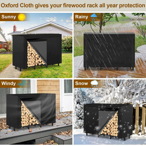 Outdoor Firewood Rack With Heavy Duty Eight-Leg Frame And 4-Foot Width, Weatherproof 600D Oxford Cover in various weather conditions