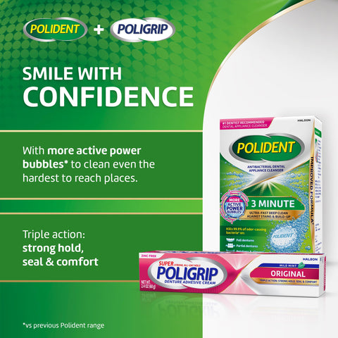 Original Denture Adhesive Cream With Strong All Day Hold No Slip Grip Food Seal And Comfort Zinc Free Mint Flavor Two Point Four Ounce Tubes Four Pack Great For Daily Wear And Reliable Smile Security All Day Long packaging with product side view and text emphasis.
