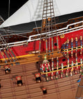 Close-up of the Vasa 1628 Ship Model Kit 05414, showing detailed wooden carvings and rigging on the Swedish warship replica.